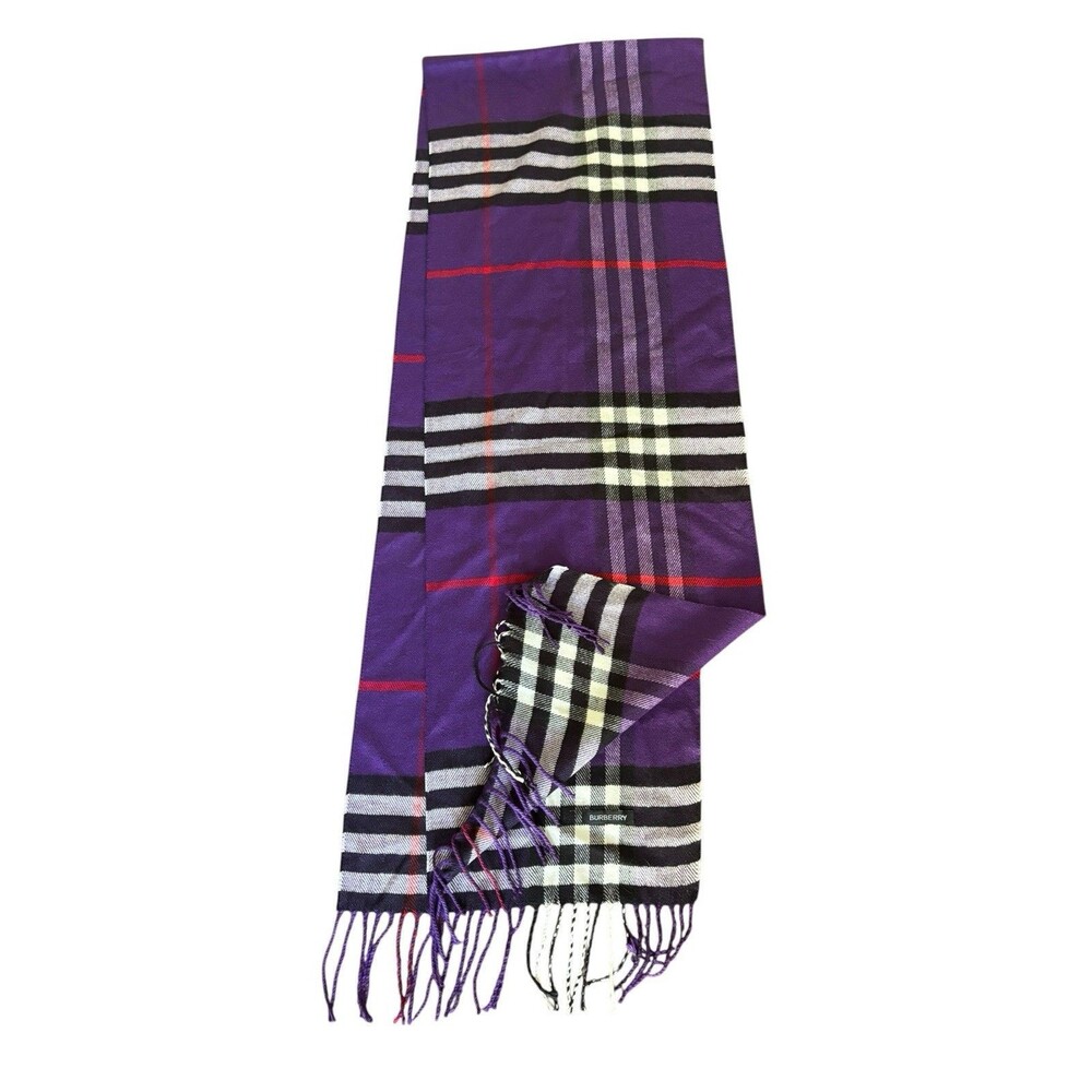 Burberry London Cashmere Scarf Purple Plaid Check 52x12
